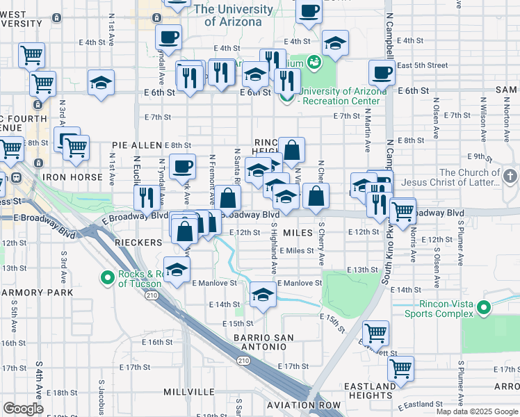 map of restaurants, bars, coffee shops, grocery stores, and more near 1315 East Broadway Boulevard in Tucson