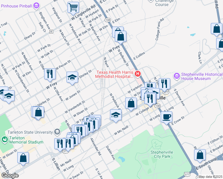 map of restaurants, bars, coffee shops, grocery stores, and more near 501 North Paddock Avenue in Stephenville