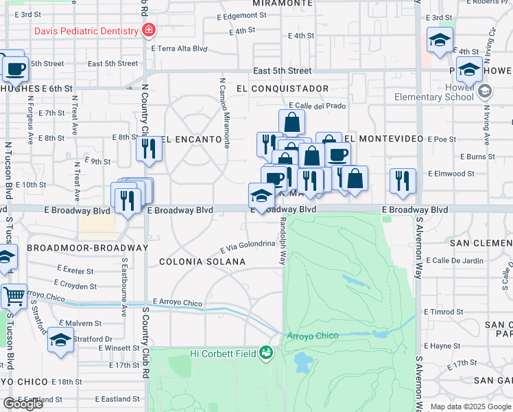 map of restaurants, bars, coffee shops, grocery stores, and more near 3413 East Broadway Boulevard in Tucson