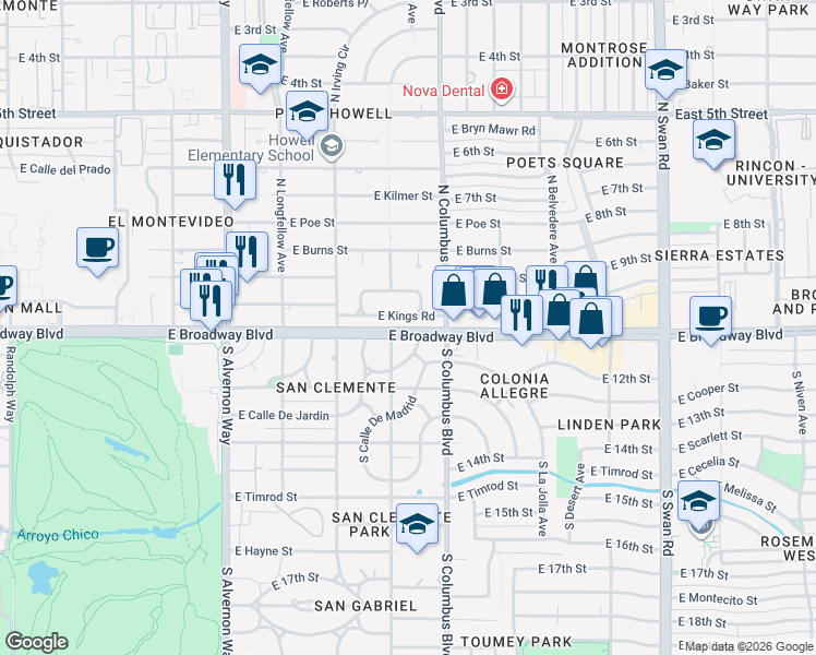 map of restaurants, bars, coffee shops, grocery stores, and more near 4220 East Broadway Boulevard in Tucson