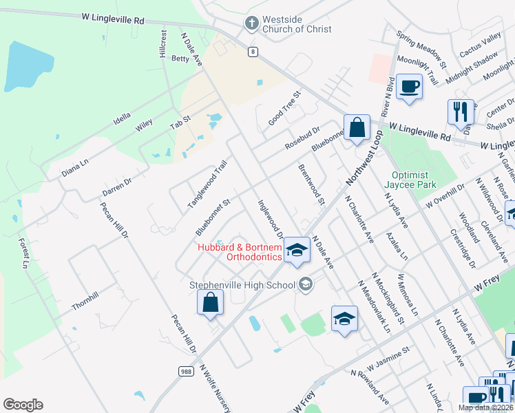 map of restaurants, bars, coffee shops, grocery stores, and more near 1345 Inglewood Drive in Stephenville