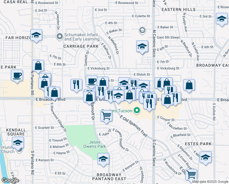 map of restaurants, bars, coffee shops, grocery stores, and more near 8455 East Broadway Boulevard in Tucson
