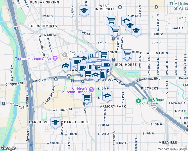 map of restaurants, bars, coffee shops, grocery stores, and more near in Tucson