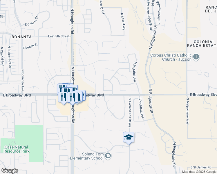 map of restaurants, bars, coffee shops, grocery stores, and more near 10551 East Wildfire Drive in Tucson