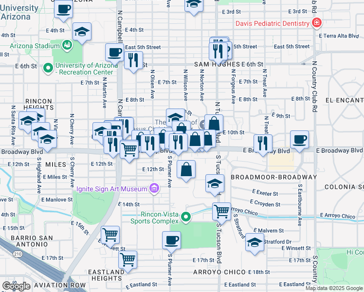 map of restaurants, bars, coffee shops, grocery stores, and more near 2235 East Broadway Boulevard in Tucson