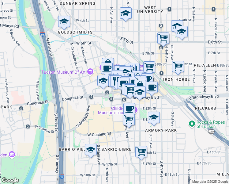 map of restaurants, bars, coffee shops, grocery stores, and more near 52 West Congress Street in Tucson