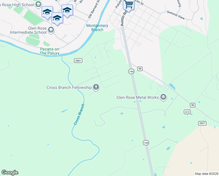map of restaurants, bars, coffee shops, grocery stores, and more near 1040 Huffman Drive in Glen Rose
