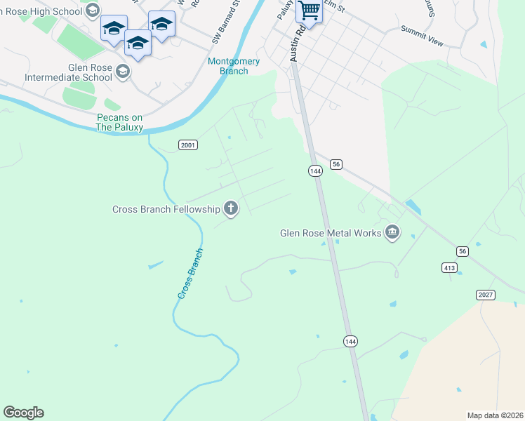 map of restaurants, bars, coffee shops, grocery stores, and more near 1040 Huffman Drive in Glen Rose