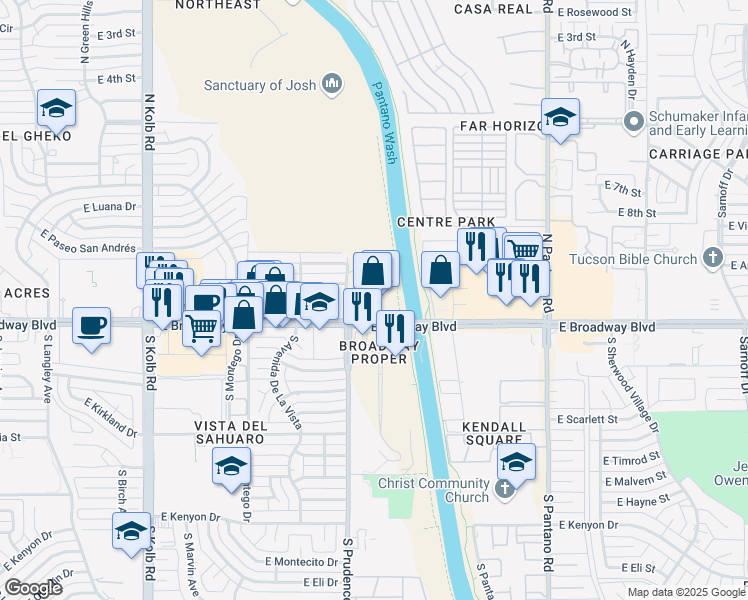 map of restaurants, bars, coffee shops, grocery stores, and more near 7545 East Broadway Boulevard in Tucson