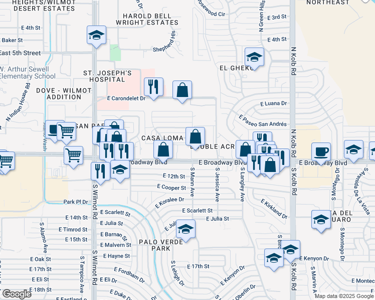 map of restaurants, bars, coffee shops, grocery stores, and more near 6639 East Broadway Boulevard in Tucson