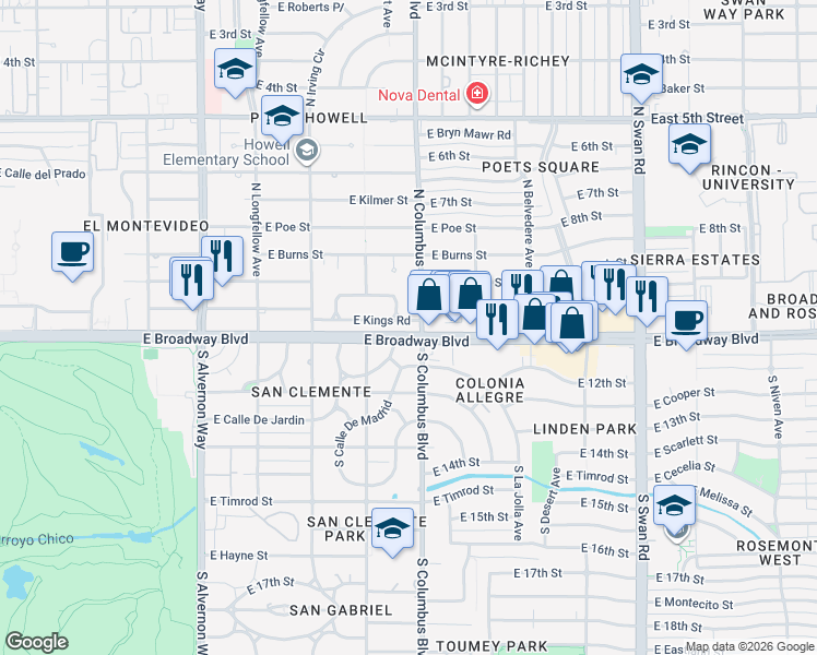 map of restaurants, bars, coffee shops, grocery stores, and more near in Tucson