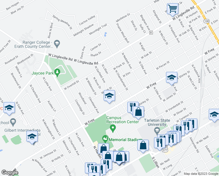 map of restaurants, bars, coffee shops, grocery stores, and more near 1581 West Ash Street in Stephenville