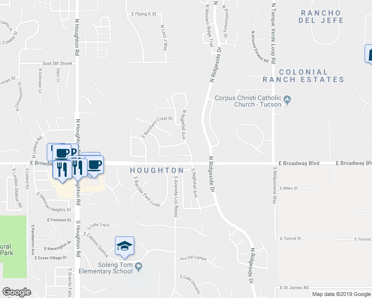 map of restaurants, bars, coffee shops, grocery stores, and more near 85 North Nightfall Avenue in Tucson