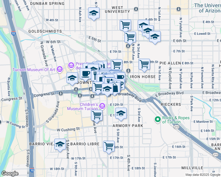 map of restaurants, bars, coffee shops, grocery stores, and more near in Tucson
