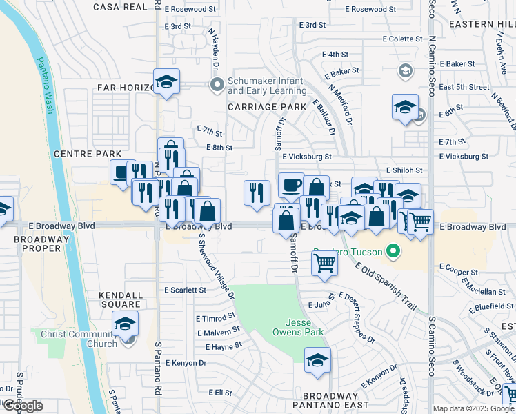 map of restaurants, bars, coffee shops, grocery stores, and more near 8111 East Broadway Boulevard in Tucson