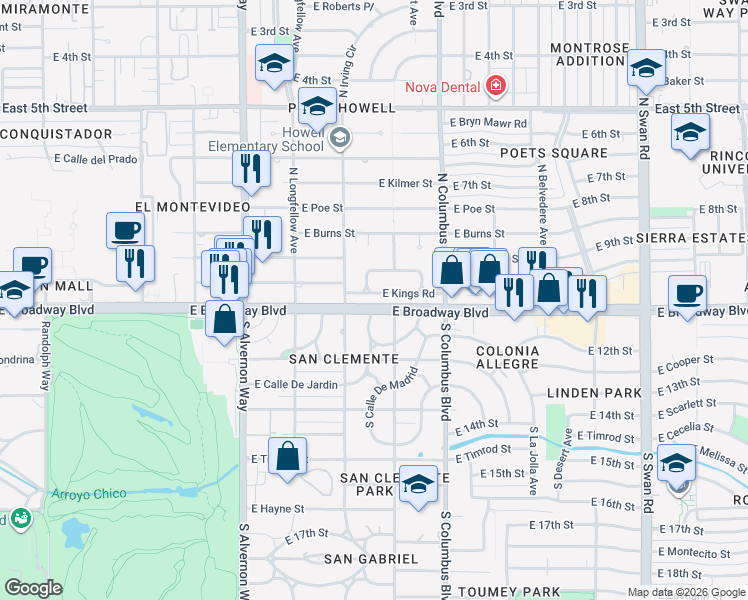 map of restaurants, bars, coffee shops, grocery stores, and more near 103 South Calle de Jardin in Tucson