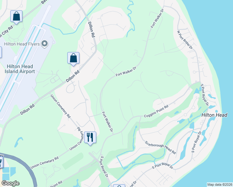 map of restaurants, bars, coffee shops, grocery stores, and more near 20 Sally Port Road in Hilton Head Island