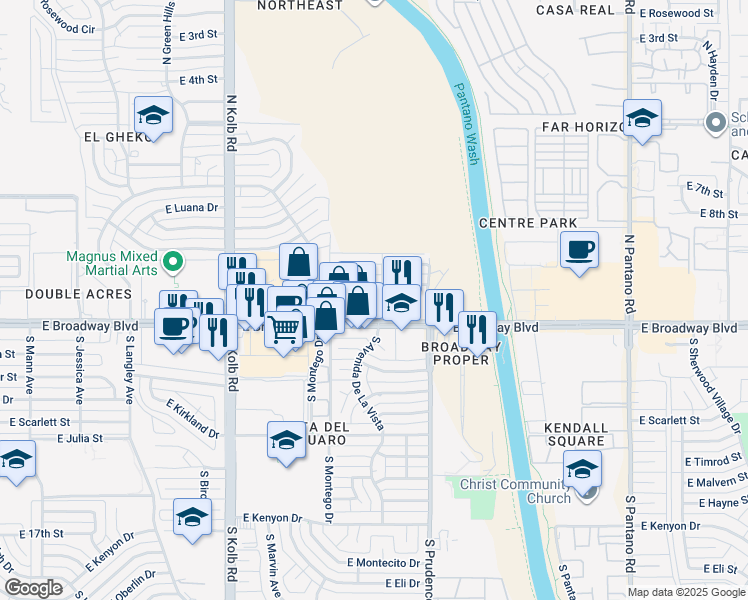 map of restaurants, bars, coffee shops, grocery stores, and more near 7349 East Broadway Boulevard in Tucson