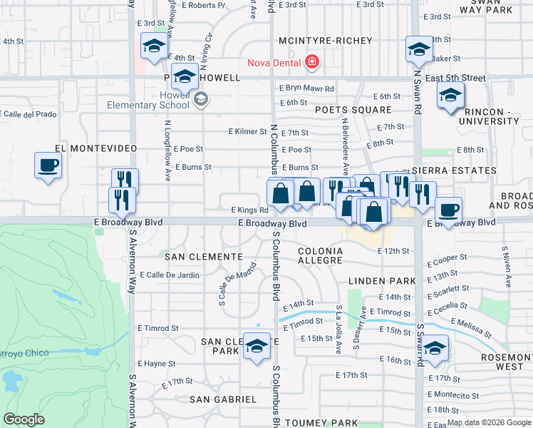 map of restaurants, bars, coffee shops, grocery stores, and more near in Tucson