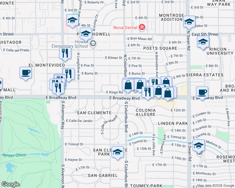 map of restaurants, bars, coffee shops, grocery stores, and more near 4220 East Broadway Boulevard in Tucson