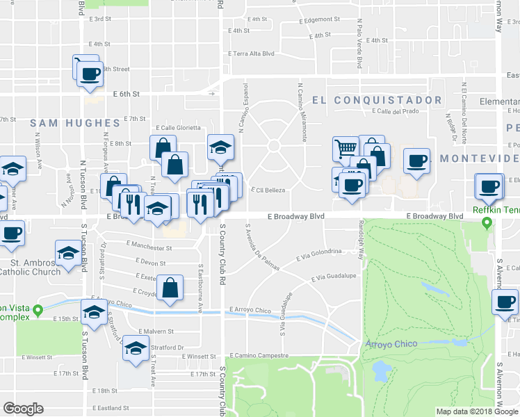 map of restaurants, bars, coffee shops, grocery stores, and more near 3227 East Broadway Boulevard in Tucson