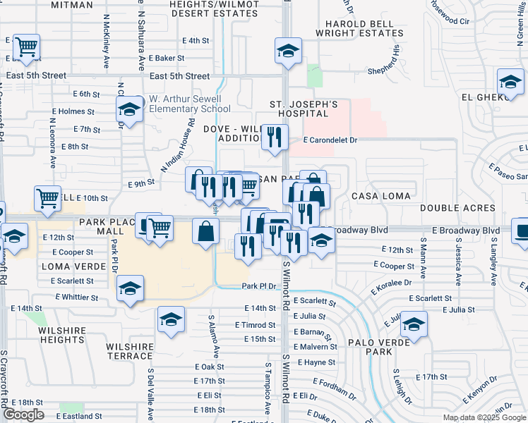 map of restaurants, bars, coffee shops, grocery stores, and more near 6245 East Broadway Boulevard in Tucson