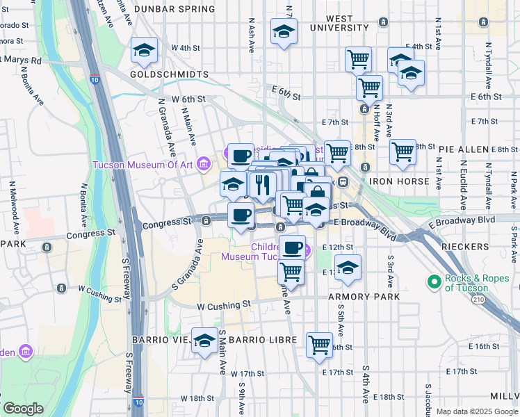 map of restaurants, bars, coffee shops, grocery stores, and more near 52 West Congress Street in Tucson