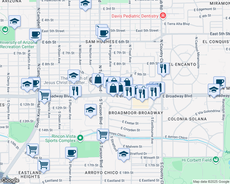map of restaurants, bars, coffee shops, grocery stores, and more near 2640 East Broadway Boulevard in Tucson