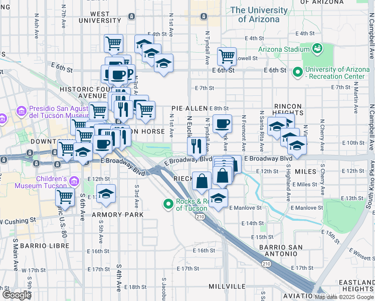 map of restaurants, bars, coffee shops, grocery stores, and more near in Tucson