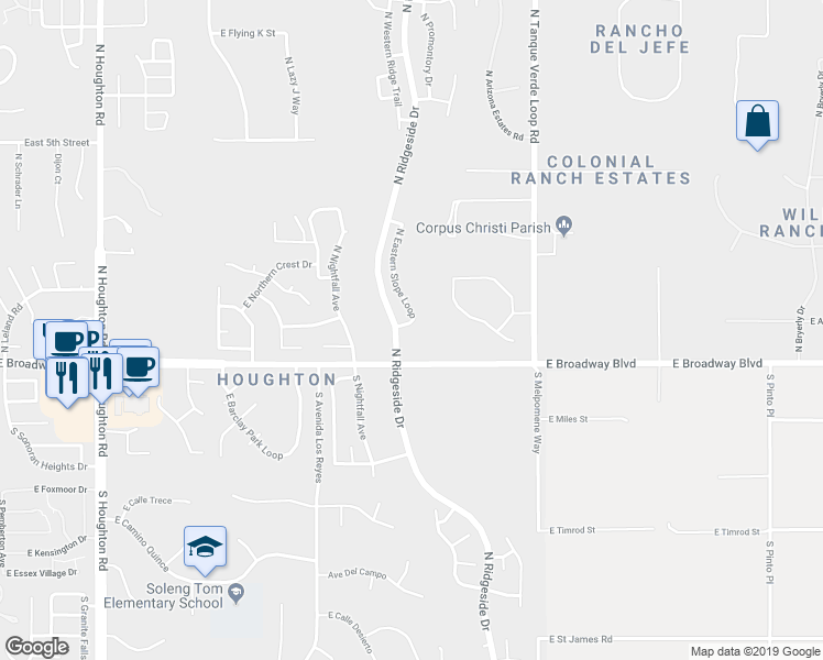 map of restaurants, bars, coffee shops, grocery stores, and more near 110 North Eastern Slope Loop in Tucson