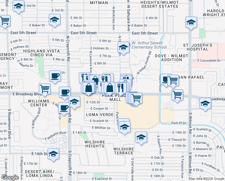 map of restaurants, bars, coffee shops, grocery stores, and more near 5760 East Broadway Boulevard in Tucson