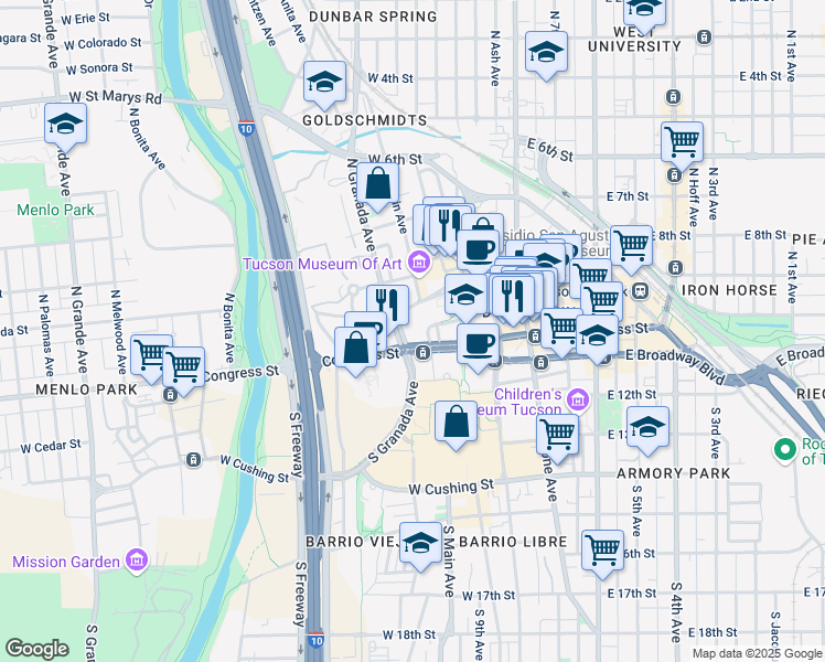 map of restaurants, bars, coffee shops, grocery stores, and more near 300 West Congress Street in Tucson