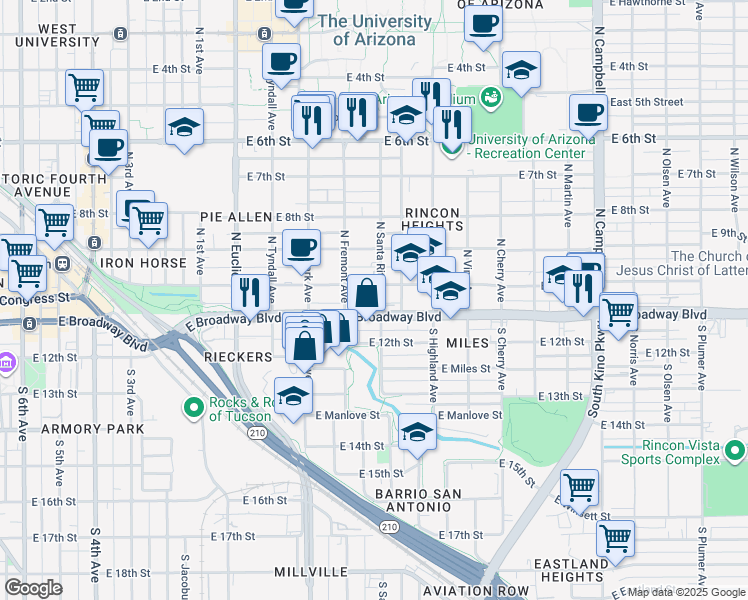 map of restaurants, bars, coffee shops, grocery stores, and more near in Tucson