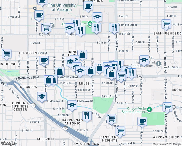 map of restaurants, bars, coffee shops, grocery stores, and more near 55 North Cherry Avenue in Tucson