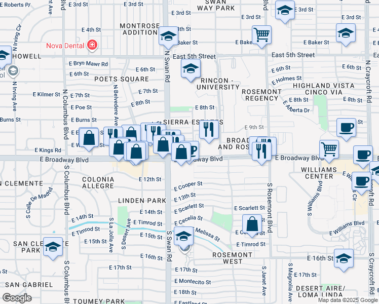 map of restaurants, bars, coffee shops, grocery stores, and more near 4808 East Broadway Boulevard in Tucson