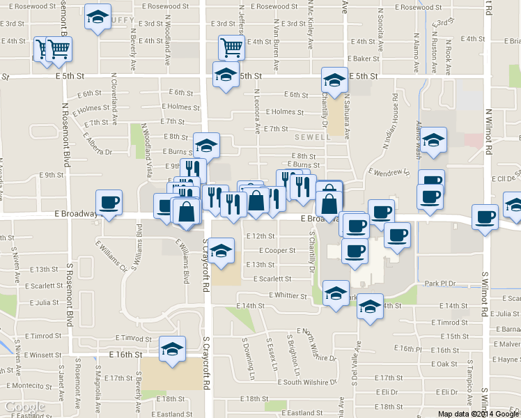 map of restaurants, bars, coffee shops, grocery stores, and more near 5628 East Broadway Boulevard in Tucson