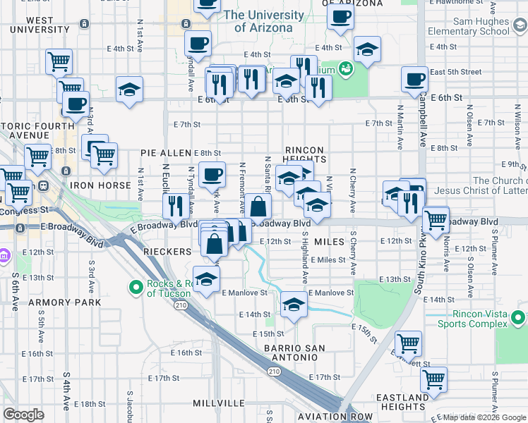 map of restaurants, bars, coffee shops, grocery stores, and more near in Tucson