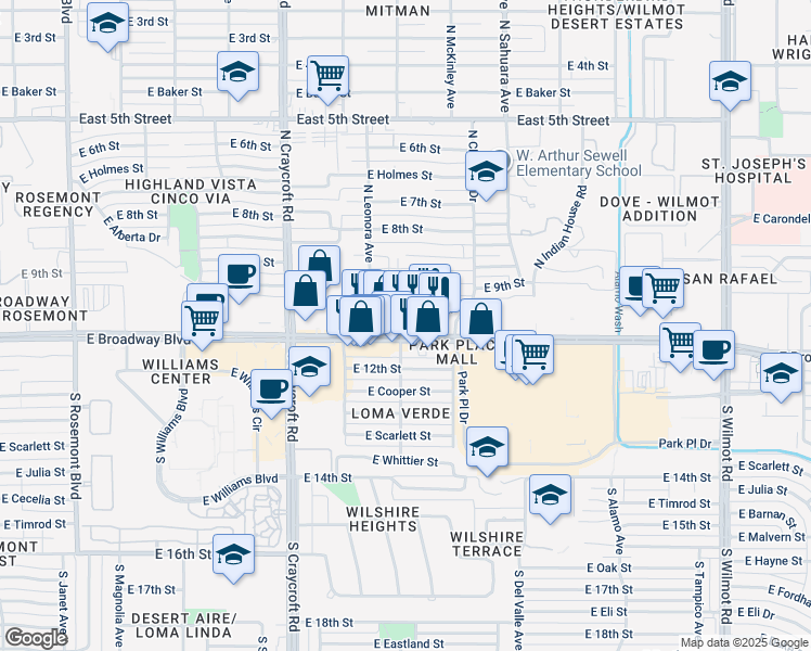 map of restaurants, bars, coffee shops, grocery stores, and more near 5660 East Broadway Boulevard in Tucson