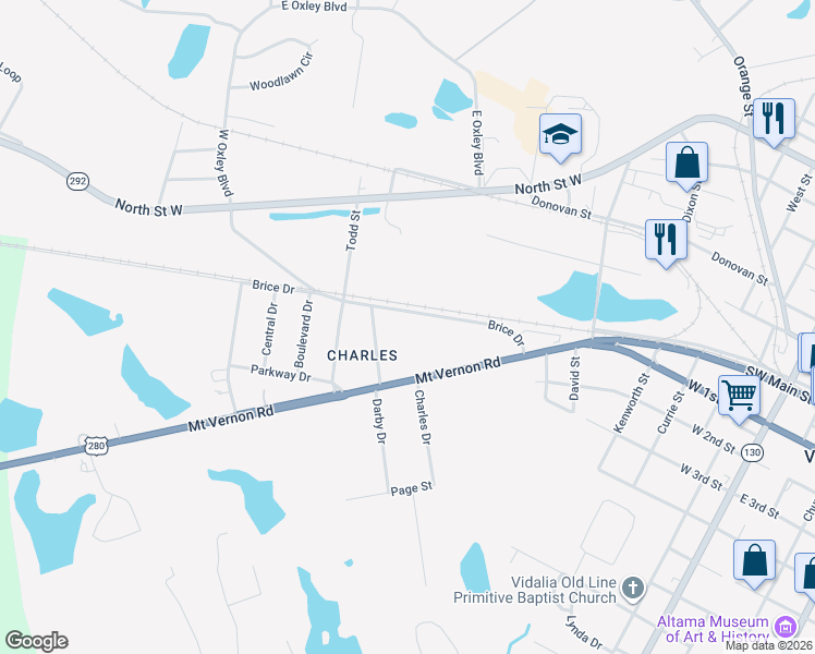 map of restaurants, bars, coffee shops, grocery stores, and more near 1102 Brice Drive in Vidalia