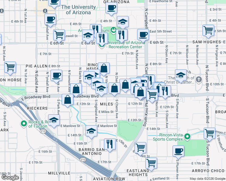 map of restaurants, bars, coffee shops, grocery stores, and more near 55 North Cherry Avenue in Tucson