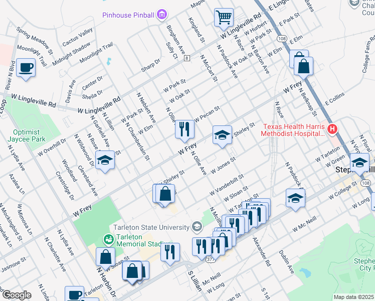 map of restaurants, bars, coffee shops, grocery stores, and more near 1150 West Frey in Stephenville