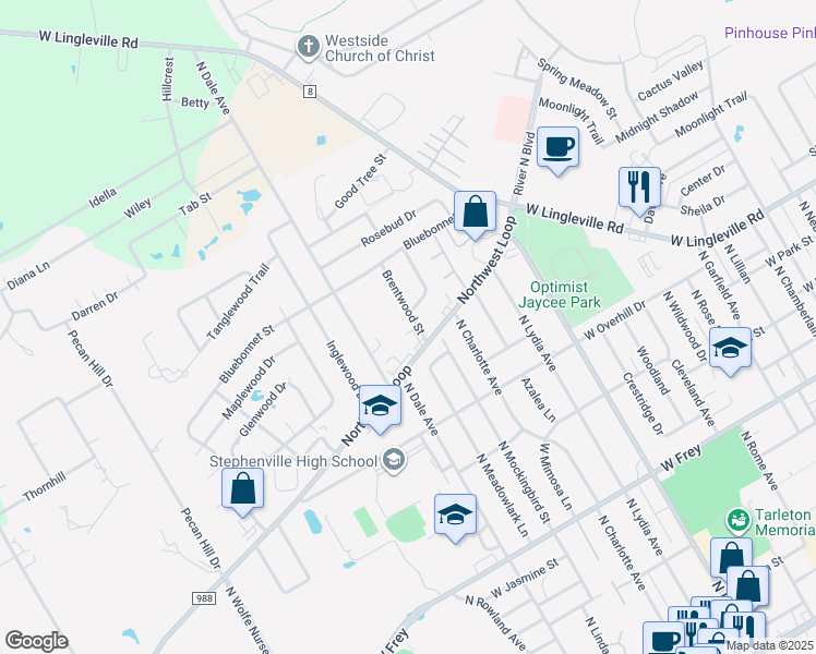 map of restaurants, bars, coffee shops, grocery stores, and more near 2301 Northwest Loop in Stephenville