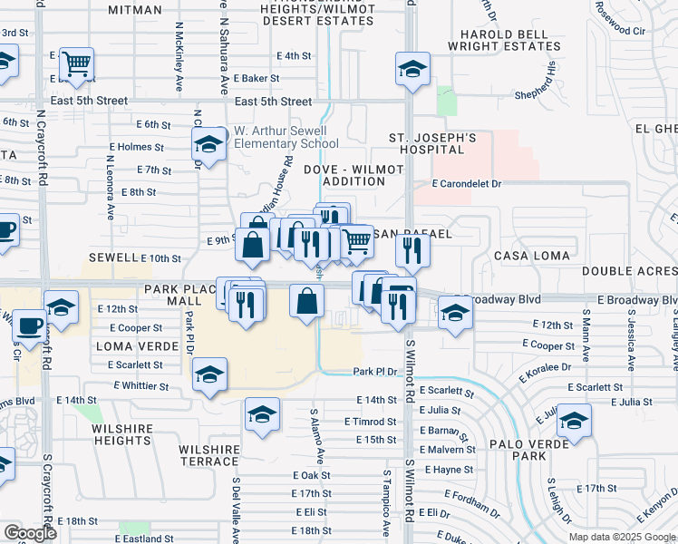 map of restaurants, bars, coffee shops, grocery stores, and more near 6129 East Broadway Boulevard in Tucson