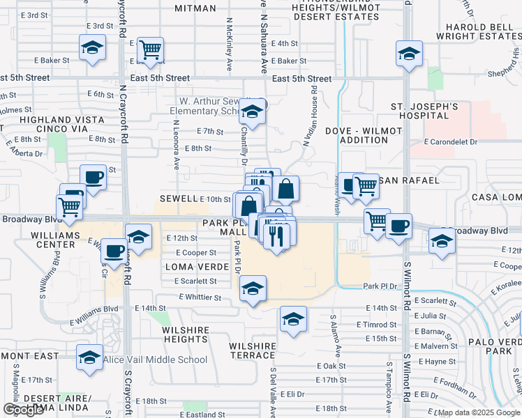 map of restaurants, bars, coffee shops, grocery stores, and more near 5855 East Broadway Boulevard in Tucson