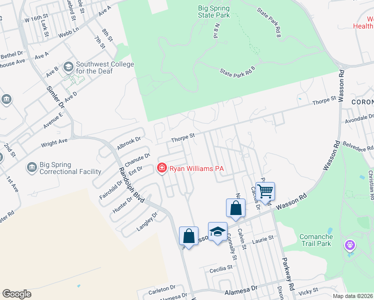 map of restaurants, bars, coffee shops, grocery stores, and more near 2755-2799 Clanton St in Big Spring