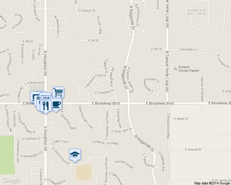 map of restaurants, bars, coffee shops, grocery stores, and more near 10745 East Migratory Place in Tucson