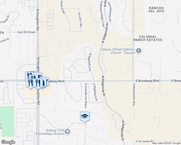 map of restaurants, bars, coffee shops, grocery stores, and more near 51-85 North Nightfall Avenue in Tucson