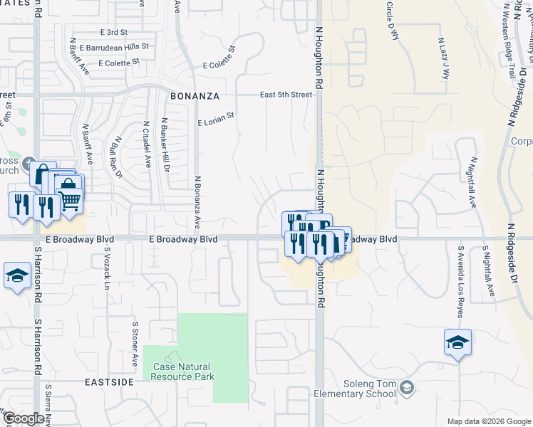 map of restaurants, bars, coffee shops, grocery stores, and more near 10131 East Karen Place in Tucson