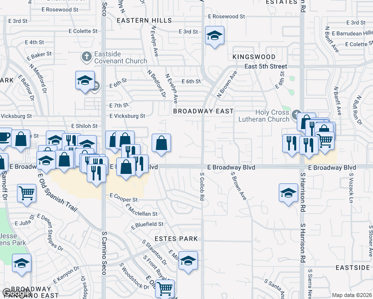 map of restaurants, bars, coffee shops, grocery stores, and more near 9009 East Broadway Boulevard in Tucson