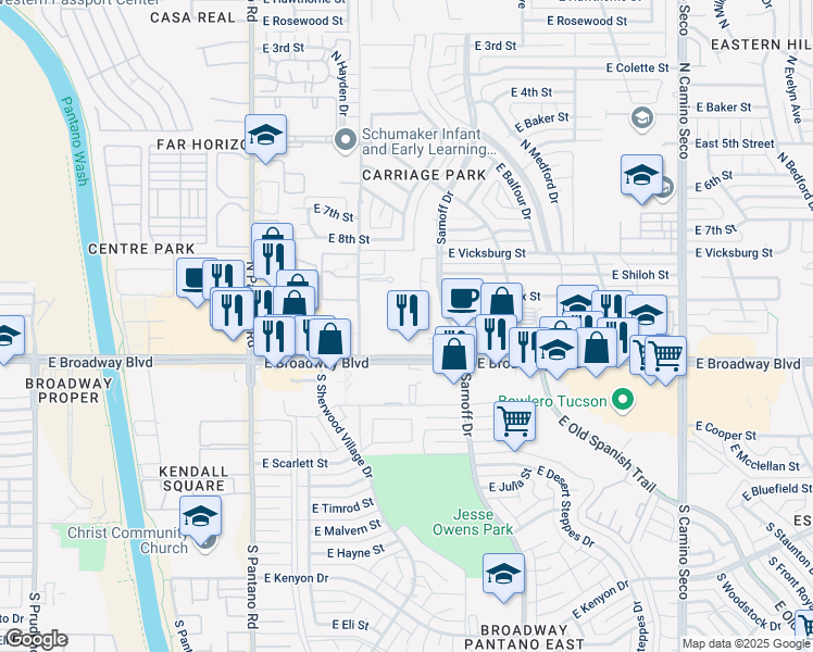 map of restaurants, bars, coffee shops, grocery stores, and more near 8111 East Broadway Boulevard in Tucson